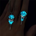 Luminous Viking bird skull ring and necklace set with glowing ice blue internal elements - Cyan Glow Set (13#)