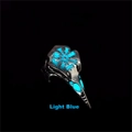 Macro view of raven skull ring with light blue glowing Viking compass rune detail - Cyan Glow Ring (8#)