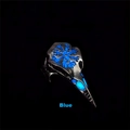 Close-up of bird skull ring featuring a glowing blue Viking Vegvisir symbol detail - Blue Glow Ring (6#)
