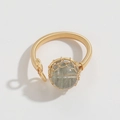 Detail of handmade 14k gold-wrapped wire ring with translucent green natural stone bead - Green Phantom Quartz Style (JZ0130-1)