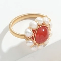 Handmade 14k gold-filled ring with a large red agate and natural freshwater pearls - Red Agate Ring (JZ0112)