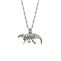 Zilveren dinosaurus skelet kooi hanger ketting met witte parel aan een gedraaide ketting - Kleine Dinosauriër Stijl