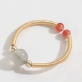 Adjustable wire-wrapped ring featuring iridescent grey stone and red agate beads - Labradorite Gray Style