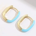 French style 14K gold plated U-shaped oval huggie earrings with sky blue enamel finish - Blue