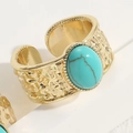 Vintage breiter offener Ring in Gold mit Hammerschlag-Textur und ovalem Türkis-Stein - Konkav-Konvex Gehämmerter Stil (JZ0165-2)