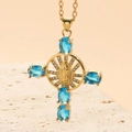 Collar con colgante de cruz de cobre chapado en oro de 14 quilates con circonitas azules - Zircón Azul Agua