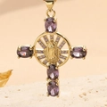 Religious 14K gold-plated cross necklace with Virgin Mary and purple zircon stones - Purple Zirconia