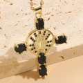 Vintage 14K gold plated cross pendant necklace with black gemstones and relief detail - Black Zirconia