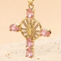 Gold plated cross pendant with pink stones and Virgin Mary relief design - Pink Zirconia