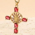 Cross pendant necklace with oval red gemstones and sacred icon in 14K gold finish - Red Zirconia