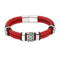 Detail of red braided leather bracelet with geometric stainless steel magnetic clasp - 19cm / Red