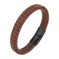Men's braided brown leather bracelet with sleek matte black magnetic metal clasp - Coffee / 19cm
