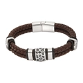 Men's double-strand woven brown leather bracelet with geometric steel beads and magnetic clasp - 19cm / Coffee