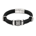 Men's double braided black leather bracelet with geometric textured steel clasp - 19cm / Black