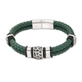 Men's double-braid dark green leather bracelet with geometric stainless steel magnetic clasp - 19cm / Dark Green