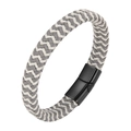 Braided leather bracelet in grey and white with black matte magnetic metal clasp - Gray / 19cm