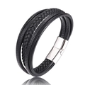 Men's multilayer black braided leather bracelet with a polished stainless steel magnetic clasp - Size 20.5 / Black With Silver Clasp