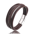 Men's multilayer braided dark brown leather bracelet with silver stainless steel magnetic clasp - Size 20.5 / Brown With Silver Clasp