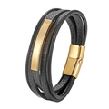 Men's multilayer black braided leather bracelet with golden stainless steel magnetic clasp - Gold 19cm