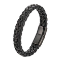 Men's black braided leather bracelet with stainless steel chain and magnetic clasp - 20.5cm / Black