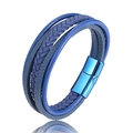 Blue multilayer braided leather bracelet with magnetic stainless steel metal clasp - Size 20.5 / Blue With Blue Clasp