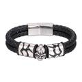 Men's multilayer black woven leather bracelet with vintage silver skull and magnetic clasp - 20.5cm / Black