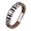 Men's double-row braided brown leather bracelet with stainless steel cross beads and magnetic clasp - 20.5cm (Inner Circumference) / Vintage Grey