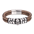Men's double-layered brown braided leather bracelet with silver skull and magnetic clasp - 20.5cm / Vintage Grey