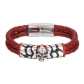 Men's red braided leather bracelet featuring a silver skull charm and magnetic clasp - 20.5cm / Dark Red