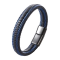 Men's braided black leather and blue rope bracelet with stainless steel magnetic clasp - 20.5cm / Blue