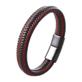 Men's braided leather bracelet with black and red weave and gunmetal magnetic clasp - 20.5cm / Red