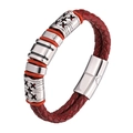 Men's double-layered dark red braided leather bracelet with silver stainless steel accents - 20.5cm (Inner Circumference) / Red