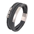 Men's multilayer black braided leather bracelet with polished silver stainless steel elements - Standard Type / Steel