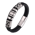 Men's double-layered braided leather bracelet with stainless steel cross charms and magnetic clasp - 20.5cm (Inner Circumference) / Black