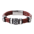 Double-layer reddish-brown braided leather bracelet with silver magnetic honeycomb clasp - 20.5cm / Retro Red