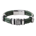 Men's double-layered dark green braided leather bracelet with silver magnetic clasp - 20.5cm / Green