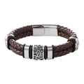 Men's double-layer brown braided leather bracelet with vintage silver charms - 20.5cm / Brown