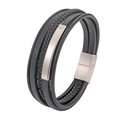 Men's multilayer microfiber leather bracelet with silver metal plate and magnetic clasp - 19cm / Black Leather With Silver Metal