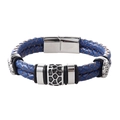 Blue double-layer braided leather bracelet for men with silver steel magnetic clasp - 20.5cm / Blue