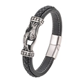 Men's woven black leather bracelet with vintage engraved stainless steel metal clasp - Custom Length / Black