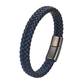 Men's black braided microfiber leather bracelet with blue thread and gunmetal magnetic clasp - 19cm / Blue