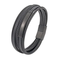 Multilayer black leather men's bracelet with braided cords and matte metal plate - 19cm / Black Leather With Black Metal