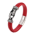 Men's braided red leather bracelet with a vintage silver textured metal magnetic clasp - Custom Length / Red