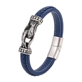 Men's navy blue braided leather bracelet with engraved silver tribal metal clasp - Custom Length / Blue