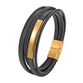 Multilayer black leather woven bracelet featuring gold magnetic clasp and metal plate - 19cm / Black Leather Belt with Gold Hardware
