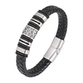Men's punk woven black leather bracelet with silver geometric honeycomb charms and magnetic clasp - 19cm (Inner Circumference)