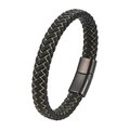 Men's woven black leather bracelet with gold stitching and gunmetal magnetic clasp - 19cm / Yellow