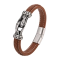 Men's brown braided leather bracelet with vintage silver engraved metal and magnetic clasp - Tan