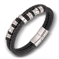 Zweilagiges schwarzes Lederarmband für Herren mit Edelstahl-Magnetverschluss und Ringen - 19cm