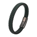 Men's braided black microfiber leather bracelet with vibrant green stitching and magnetic clasp - 19cm / Green